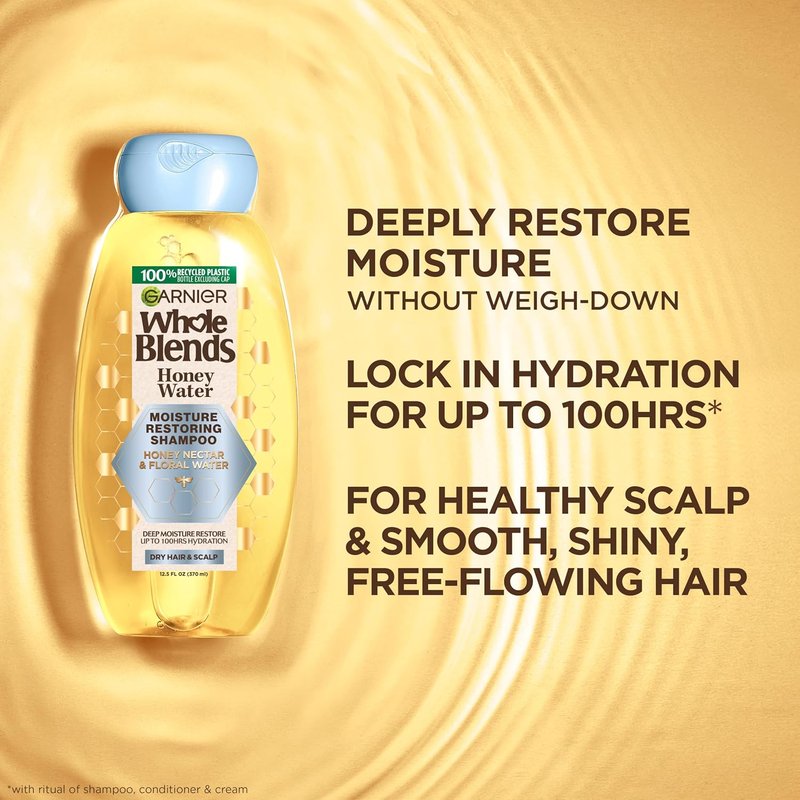 Garnier Whole Blends Honey Water Shampoo - Moisture Restoring Formula for Dry Hair & Scalp | 28 Fl Oz