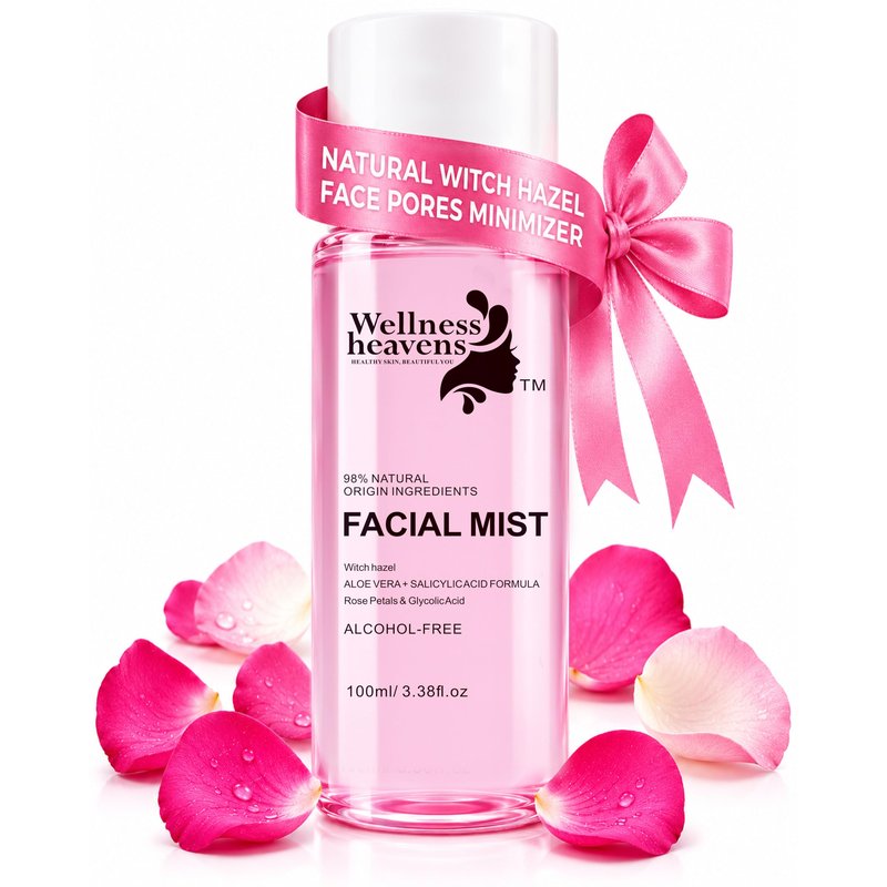 Hydrating Witch Hazel Face Toner with Aloe Vera & Glycolic Acid – Rose Petal Pore Minimizing Facial Toner for Acne Prone Skin, Blackheads, Oily & Combination Skin – Alcohol Free Daily Glow Toner 100ml