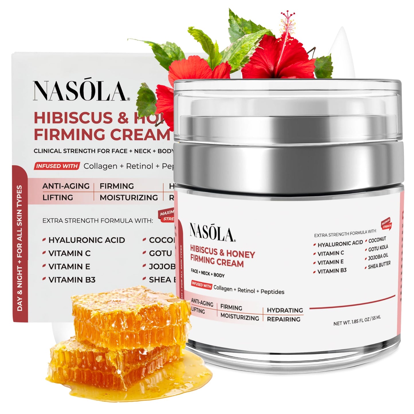 Nasola Hibiscus & Honey Firming Cream for Face, Neck & Body with Collagen, Retinol, Vitamin C, Hyaluronic Acid & Peptides – Skin Tightening, Anti-Wrinkle & Hydrating Moisturizer for Women & Men