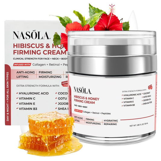 Nasola Hibiscus & Honey Firming Cream for Face, Neck & Body with Collagen, Retinol, Vitamin C, Hyaluronic Acid & Peptides – Skin Tightening, Anti-Wrinkle & Hydrating Moisturizer for Women & Men