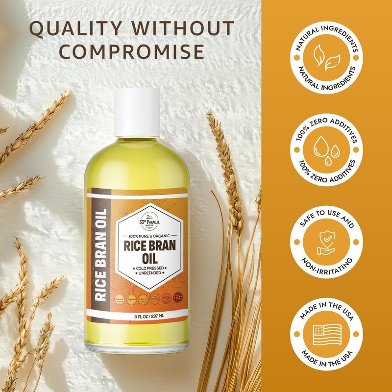 ORGANIC RICE BRAN OIL (32 oz) Premium Cold Pressed Unrefined | 100% Pure Rice Bran Oil for Skin, Face, Hair, Soap Making | Carrier for Essential Oils | Available in Bulk | 32 FL OZ