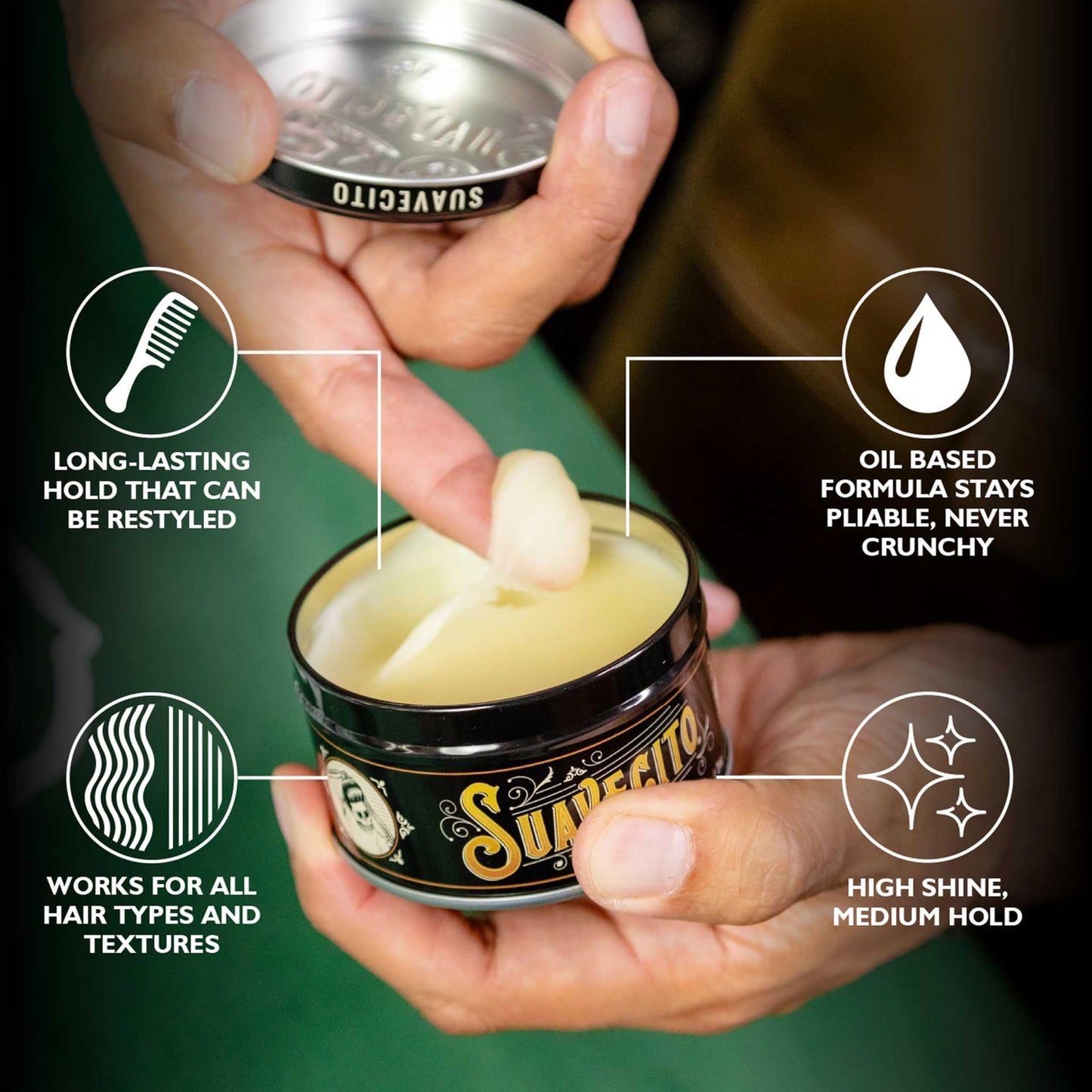 Suavecito Oil Based Pomade 3 oz Tin Can - Original Scent Hair Styling Long Lasting Hold, Healthy High Shine, For All Hair Types - Smooth Slickback To Pompadour Rockabilly Style Grease