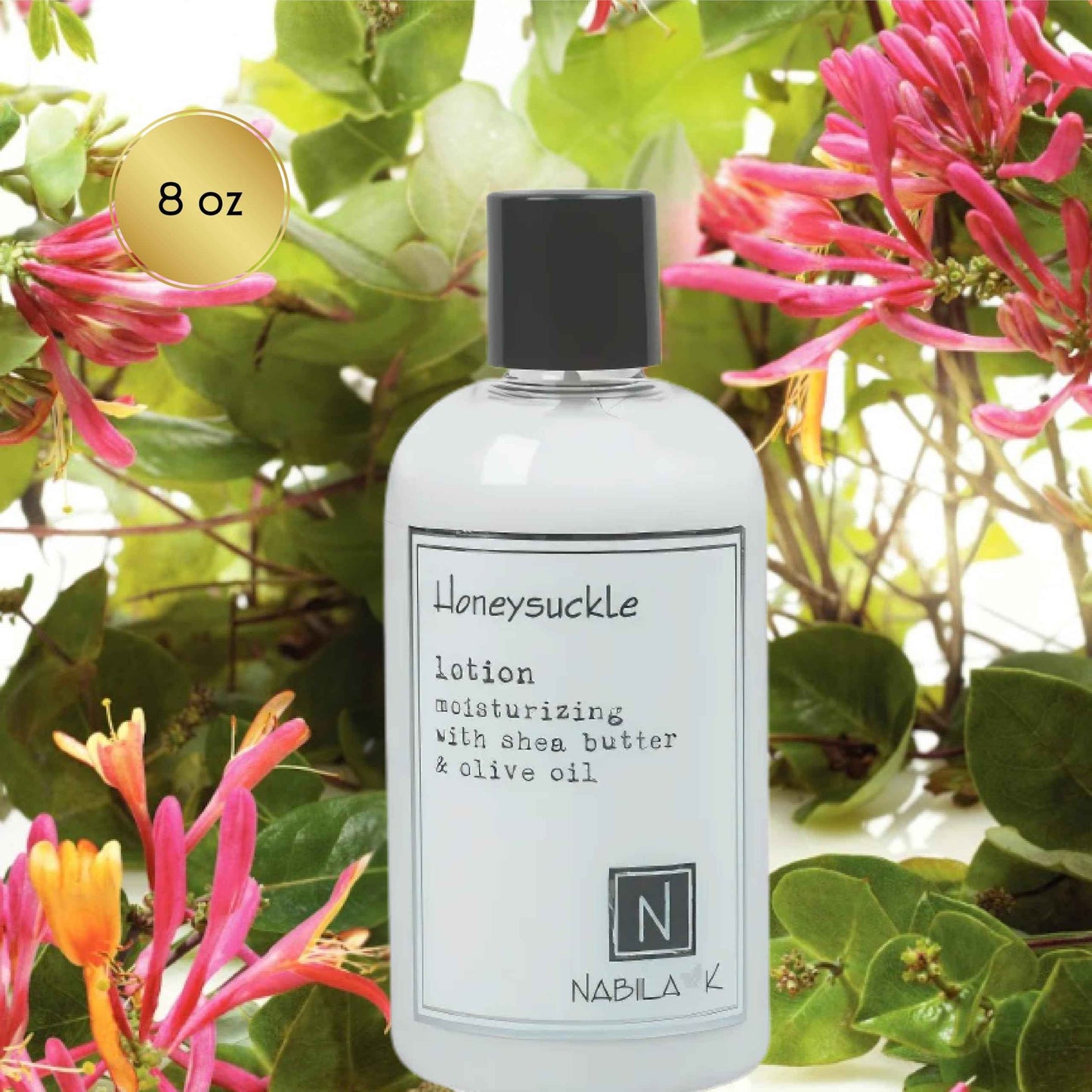 Nabila K Honeysuckle Body Lotion - Moisturizer for Body, Hands and Feet - Aloe Vera & Water Based - Shea Butter & Olive Oil - Naturally Scented - 8 oz