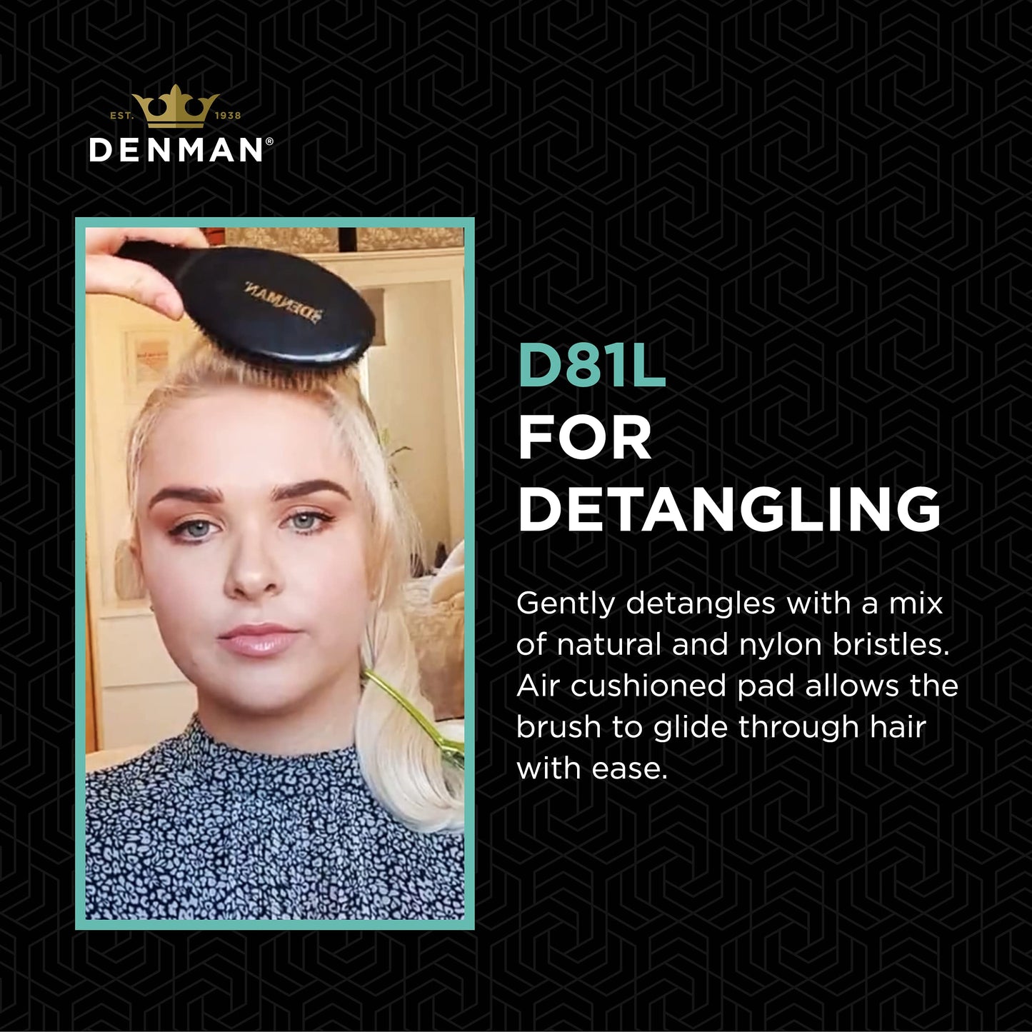 Denman Cushion Hair Brush (Large) with Soft Nylon Quill Boar Bristles - Porcupine Style for Grooming, Detangling, Straightening, Blowdrying and Refreshing Hair – Black, D81L