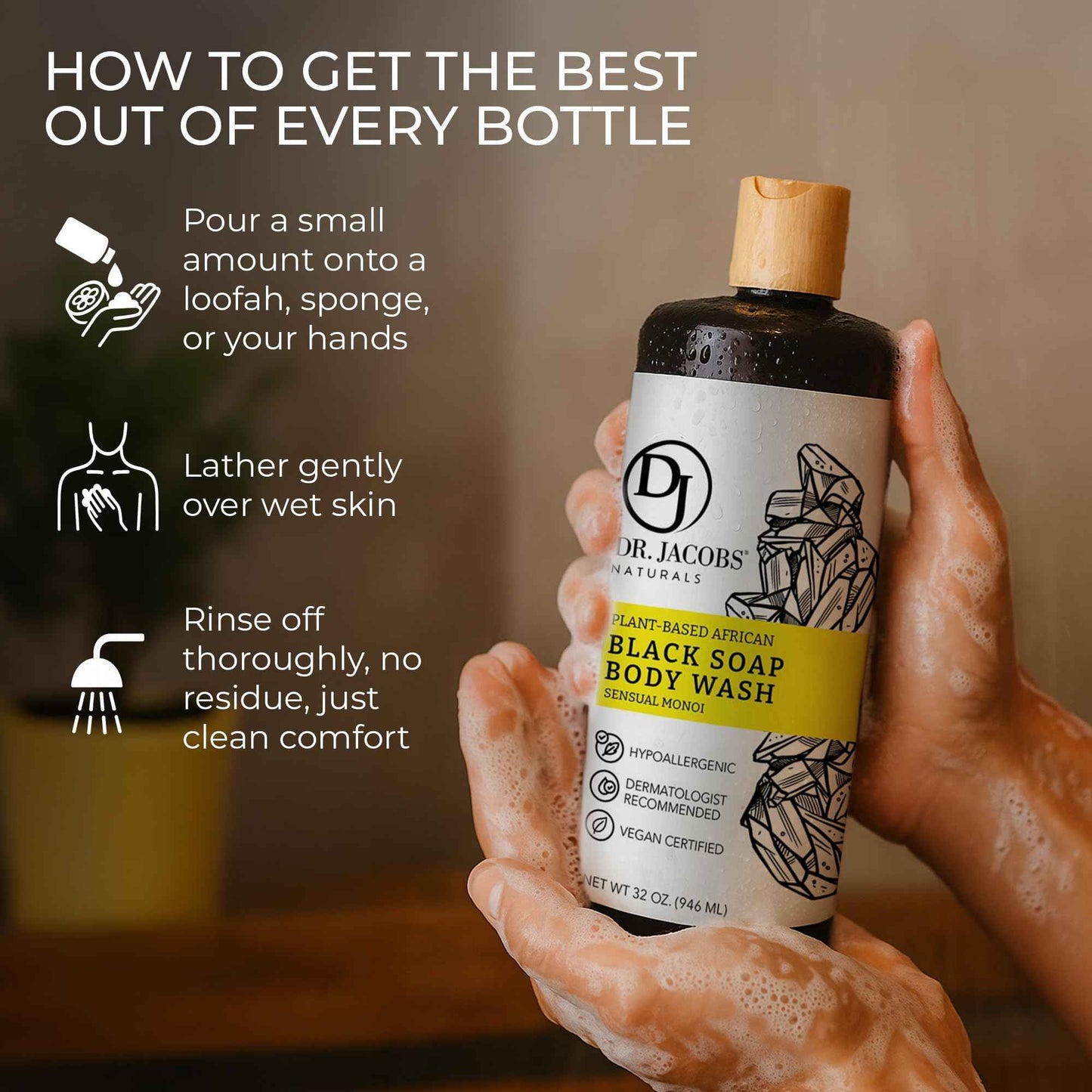 Dr Jacobs Naturals Authentic African Black Liquid Soap with Sensual Monoi Scent | All-In-One Face Wash, Sensitive Skin Body Wash, Shampoo, Shaving Soap | Moisturizing and Nourishing Formula | 16oz 2pk