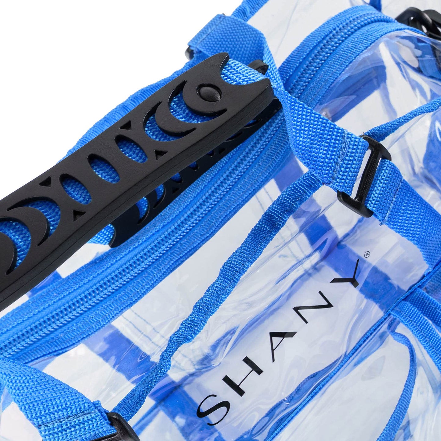 SHANY Cosmetics Shany clear pvc makeup bag - large professional makeup artist rectangular tote with shoulder strap and 5 external pockets - blue, Blue