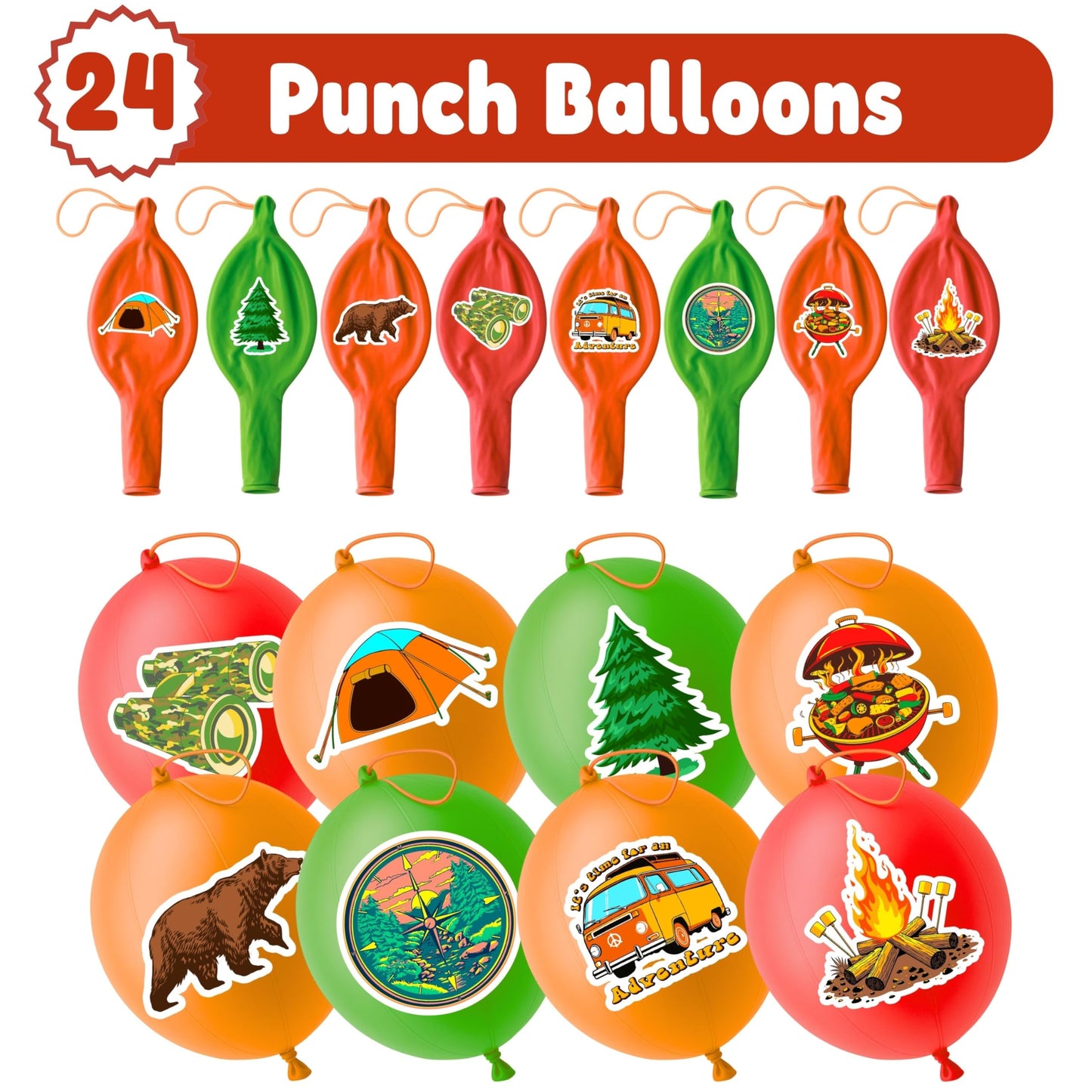 72 PCS Camping Party Favors for Kids – 48 Pre-Cut Temporary Tattoos & 24 Camping Punch Balloons Themed Birthday Party Decorations Supplies Favors Gifts, Goodie Bag Fillers, Classroom Rewards