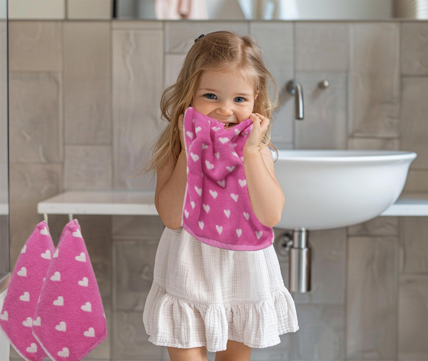 ORIGINAL KIDS Wash Cloth - Bath Time Hearts 12 Pack Washcloth Set - 100% Cotton Jacquard Colorful Absorbent Quick Dry Face Towel - Super Soft Face Cloth 12x12 inches - Pink White