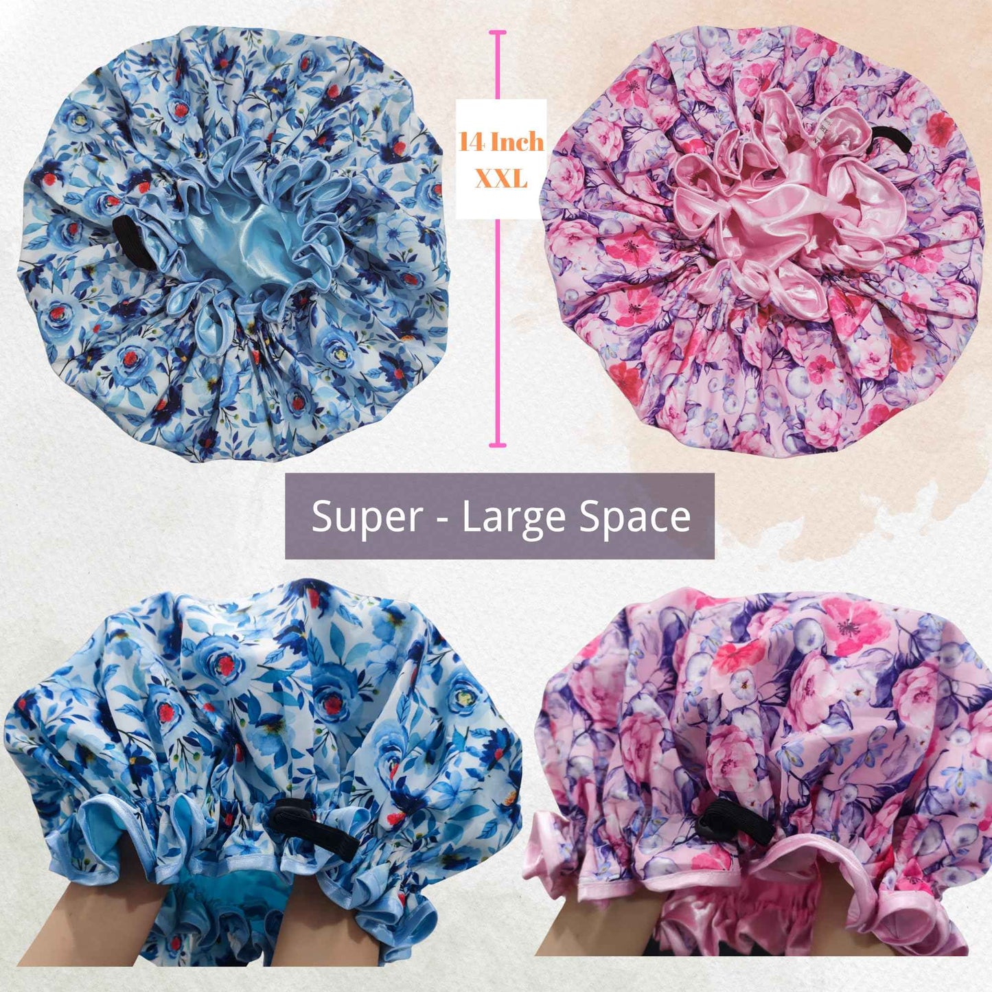 Luxury Shower Cap for Women Reusable Waterproof, 2 PCS Extra Large Double Layered Shower Caps for Long Hair with Adjustable Elastic Strap, Large Satin Lined Shower Bath Cap for All Hair Lengths