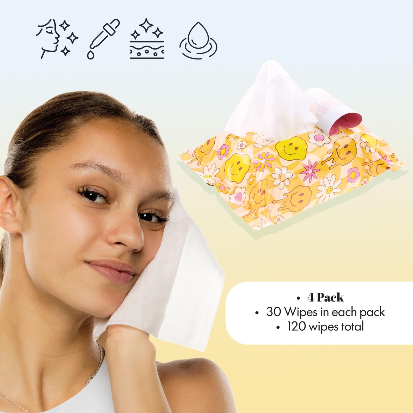 120pc Makeup Removal Wipes Variety Set | 4-Pack Groovy Botanical Makeup Remover Facial Cleansing Towelettes with Charcoal, Tea Tree, Cucumber, & Aloe Vera