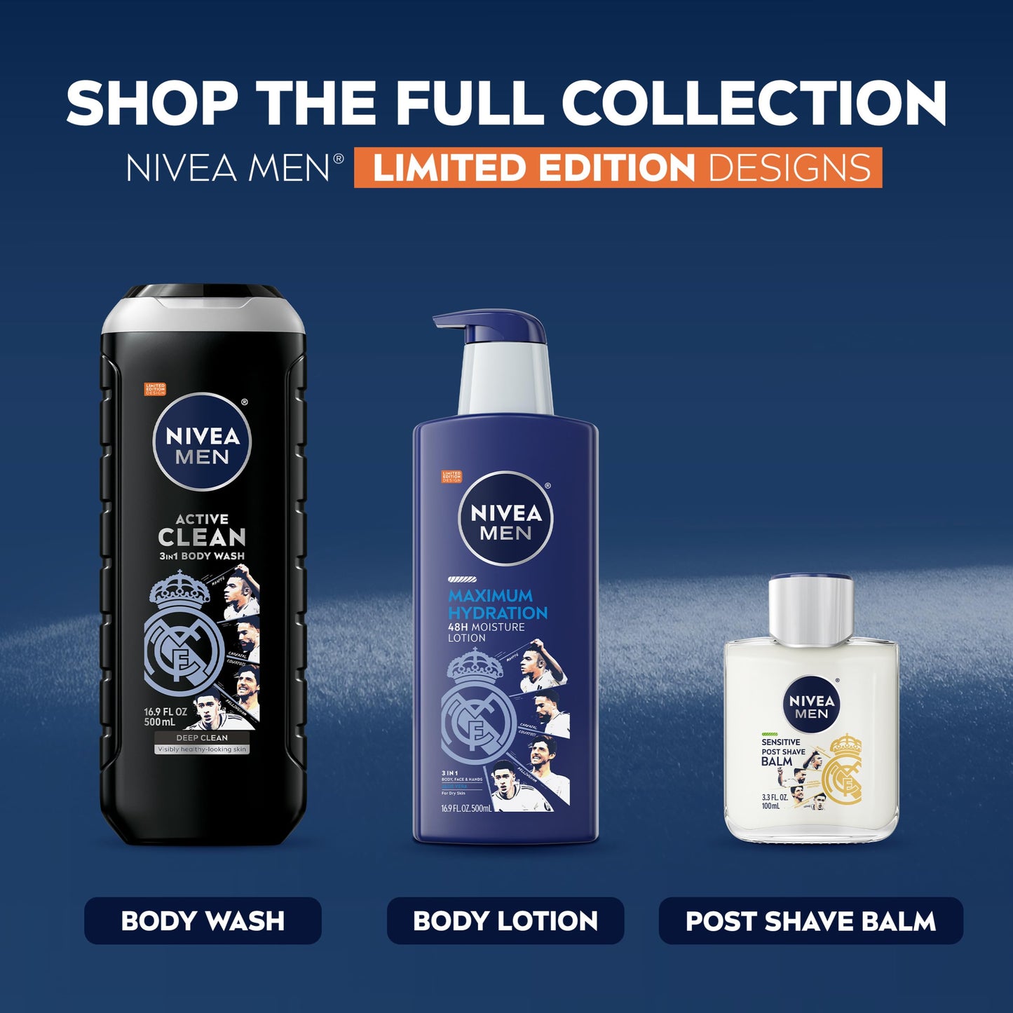 NIVEA MEN Real Madrid Limited Edition Design Maximum Hydration 48-Hour Moisture Body Lotion for Dry Skin, Aloe Vera Lotion for Men, 3-in-1 Body, Face and Hands, 16.9 Fl Oz Bottle
