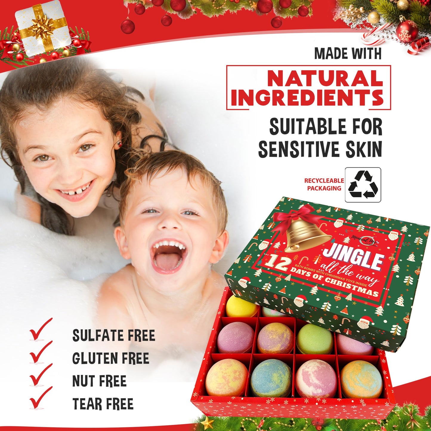 Christmas Bath Bombs for Kids with Surprise Toys Inside - Kids Advent Calendar Bathbombs - 12 Pack Organic Bath Bombs Gift Set, Moisturizing Bubble Bath Fizzies, Gifts for Boys, Girls, Toddler