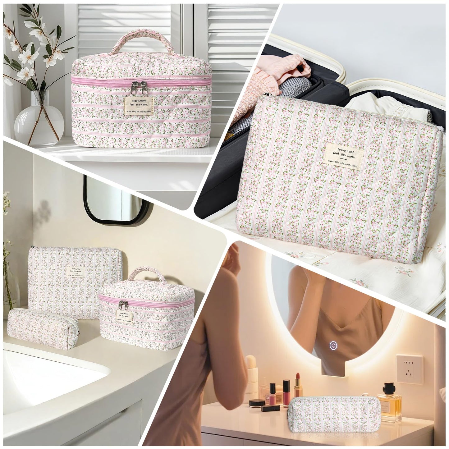 Gosect Makeup Bag Set, Portable Travel Make up Bag, Large Capacity Quilted Cosmetic Organizer Bag, Cute Floral Toiletry Bag for Women Girls (Pink Flower)