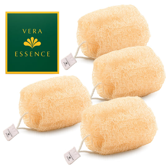 Vera Essence Natural Egyptian Loofah Sponge (Pack of 4) – Organic Bath Luffa for Gentle Exfoliating, Deep Cleansing & Smooth Skin, Natural Shower Sponge for Women & Men