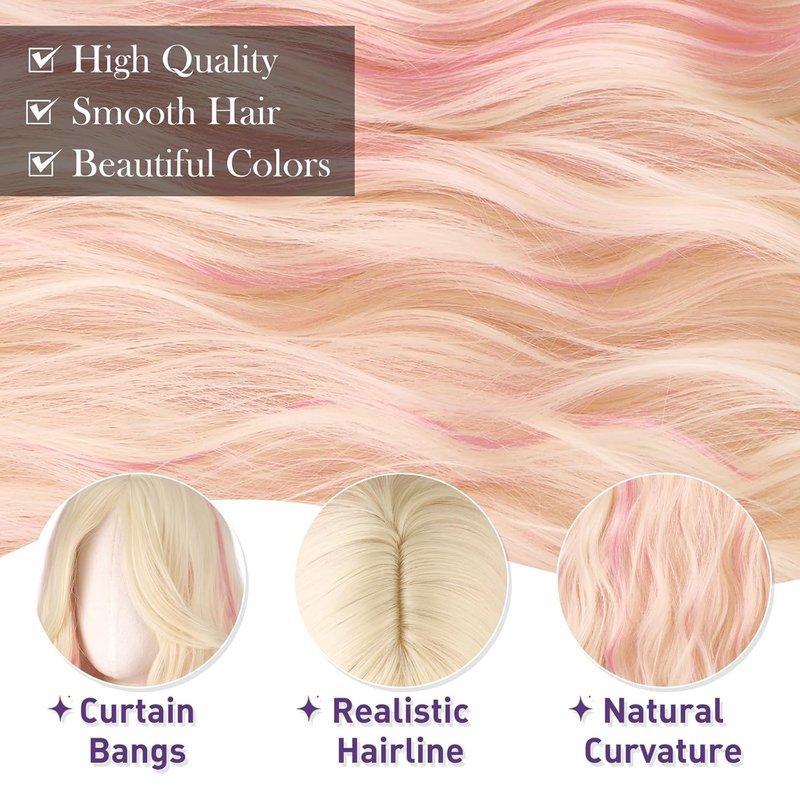 Blonde Wigs with Curtain Bangs - Long Wavy Synthetic Hair Wig for Women | 26 Inch Blonde Mixed Pink