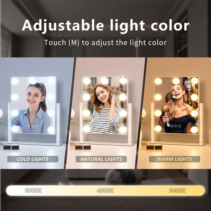 Acoolda Vanity Mirror with Lights, Hollywood Vanity Makeup Mirror with 9 Dimmable LED Bulbs, 3 Color Lighting Modes, Detachable 10X Magnification, 360°Rotation,White