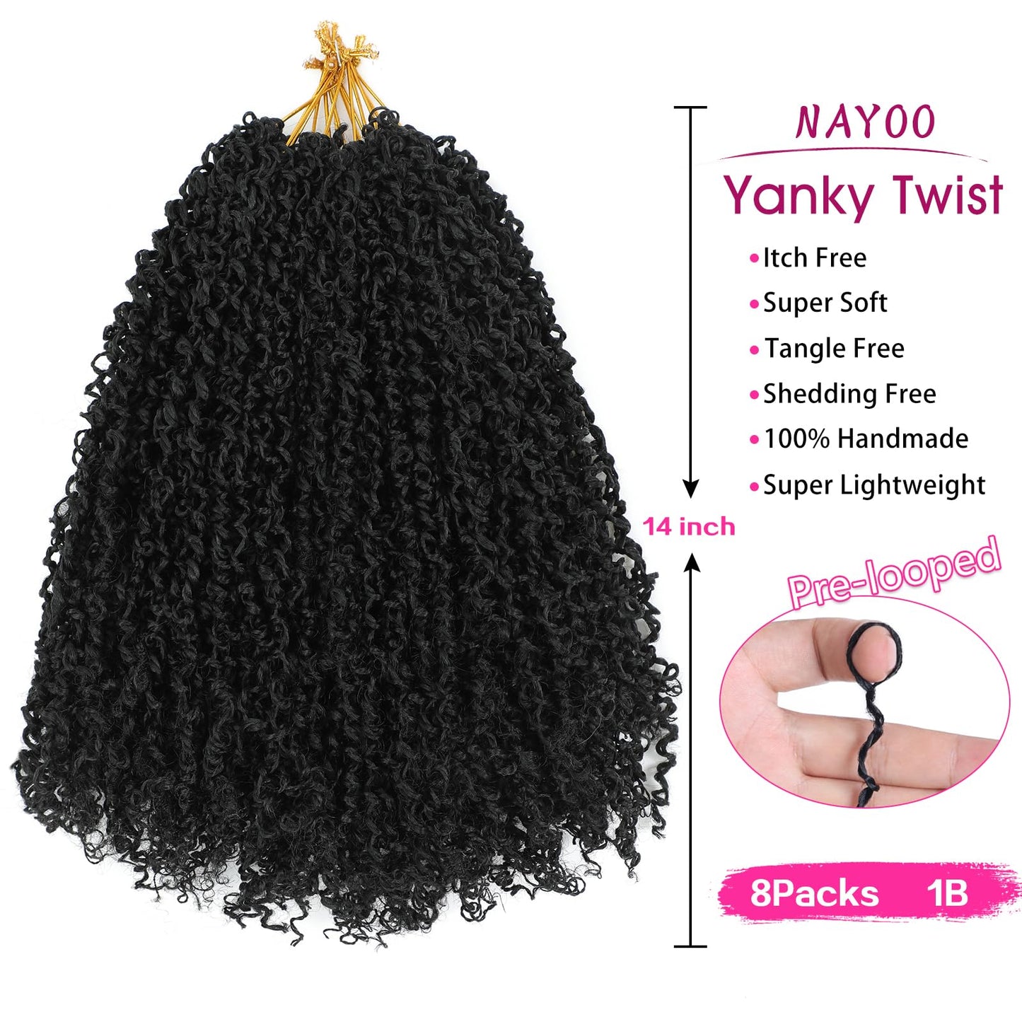 NAYOO 14 Inch Yanky Twist Crochet Hair - 8 Packs (30 Stands/Pack) Mini Passion Twist with Curly Ends Synthetic Natural Black Pre-Looped Crochet Braids Braiding Hair(14 Inch, 1B)