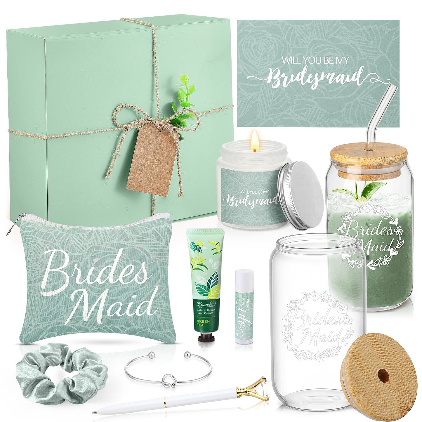 Meanplan 14 Pcs Bridesmaid Proposal Gifts Set, Will You Be My Bridesmaid Gifts with Proposal Box Glass Cup Makeup Bag Cards Lip Balm Hand Cream Candle Scrunchie Bracelet Diamond Pen for Wedding(Green)