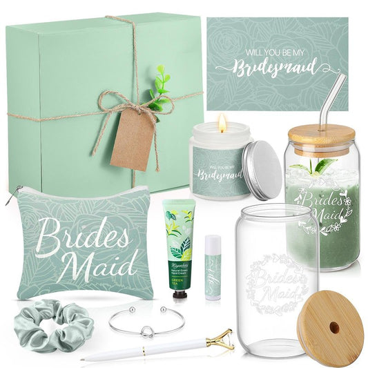 Meanplan 14 Pcs Bridesmaid Proposal Gifts Set, Will You Be My Bridesmaid Gifts with Proposal Box Glass Cup Makeup Bag Cards Lip Balm Hand Cream Candle Scrunchie Bracelet Diamond Pen for Wedding(Green)