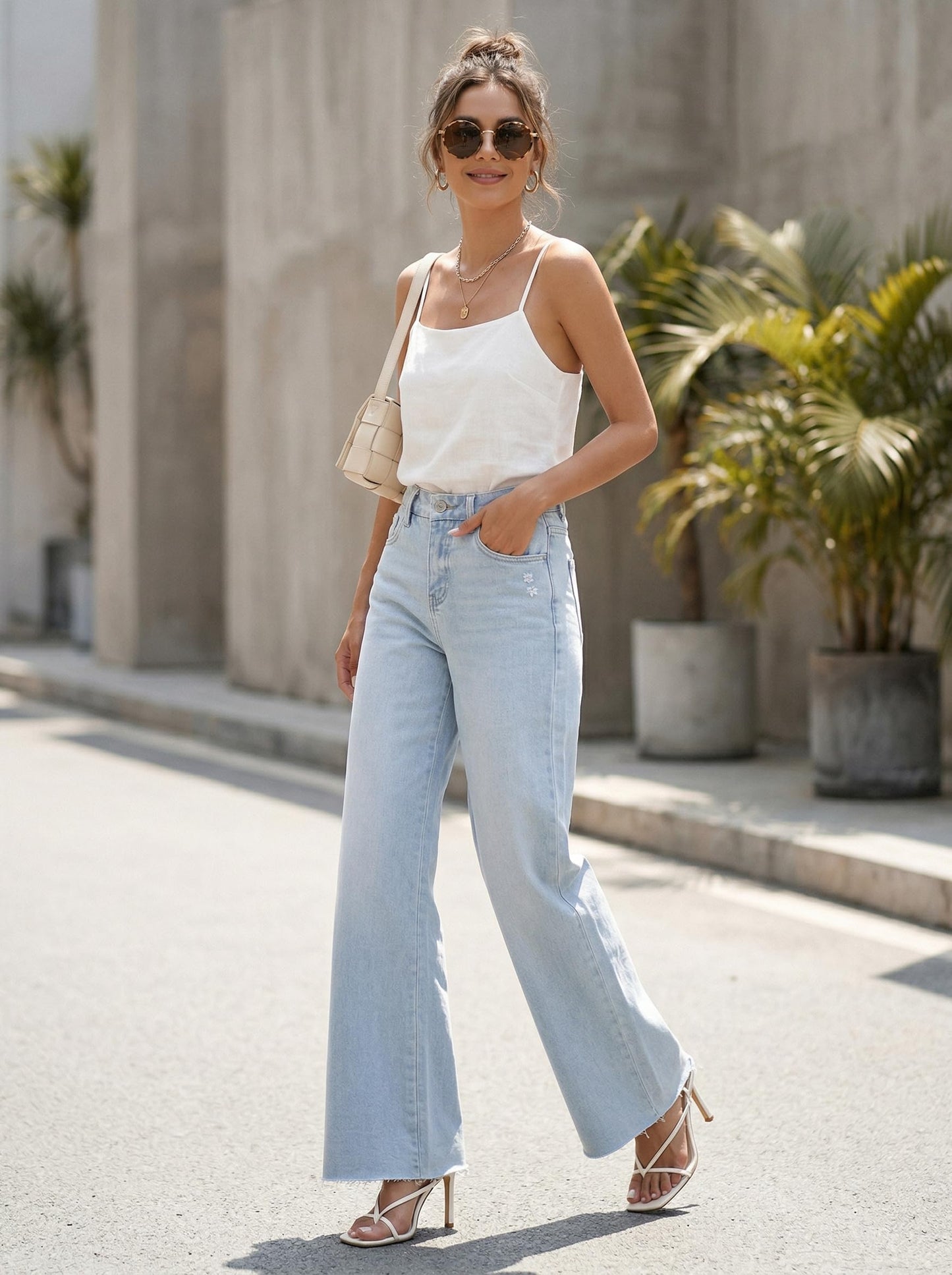 ONESO Mid Waisted High Stretchy BBL Wide Leg Baggy Jeans Tummy Control Holiday Party Distressed Denim Pants Light Blue