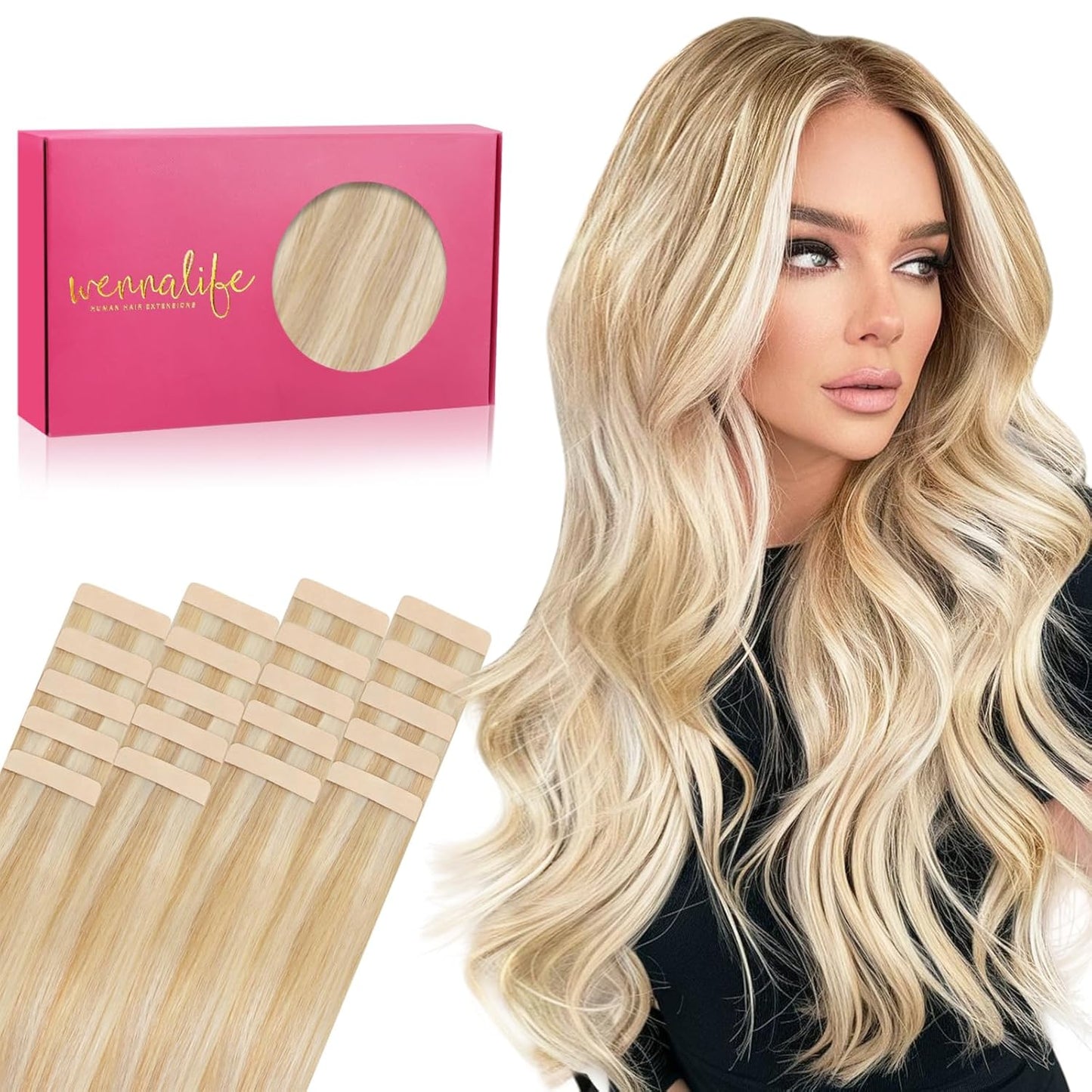 Tape In Hair Extensions - 18 Inch Dirty Blonde & Bleach Blonde Remy Human Hair | 20pcs, 50g, Straight Skin Weft