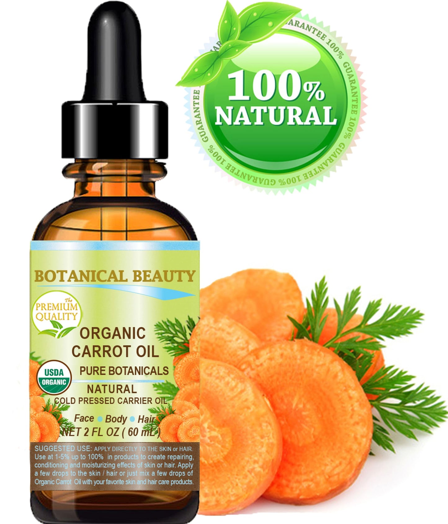 Botanical Beauty Organic CARROT SEED OIL 100% Pure VIRGIN UNREFINED Undiluted Cold Pressed Carrier Oil for Face, Skin, Body, Hair, Lip, Nails. Rich in Beta Carotene, Vitamin E (2 Fl Oz)
