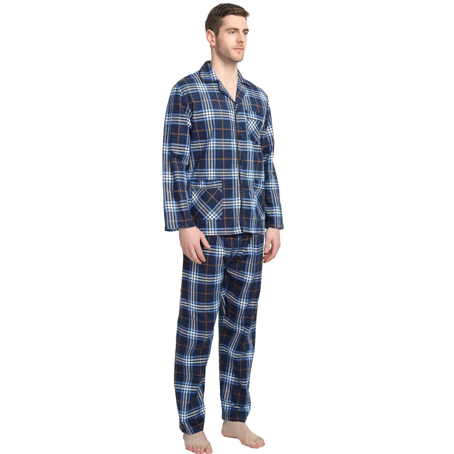 GLOBAL Men's Pajamas Sets 100% Cotton Flannel Sleepwear Long-Sleeve top & Bottom