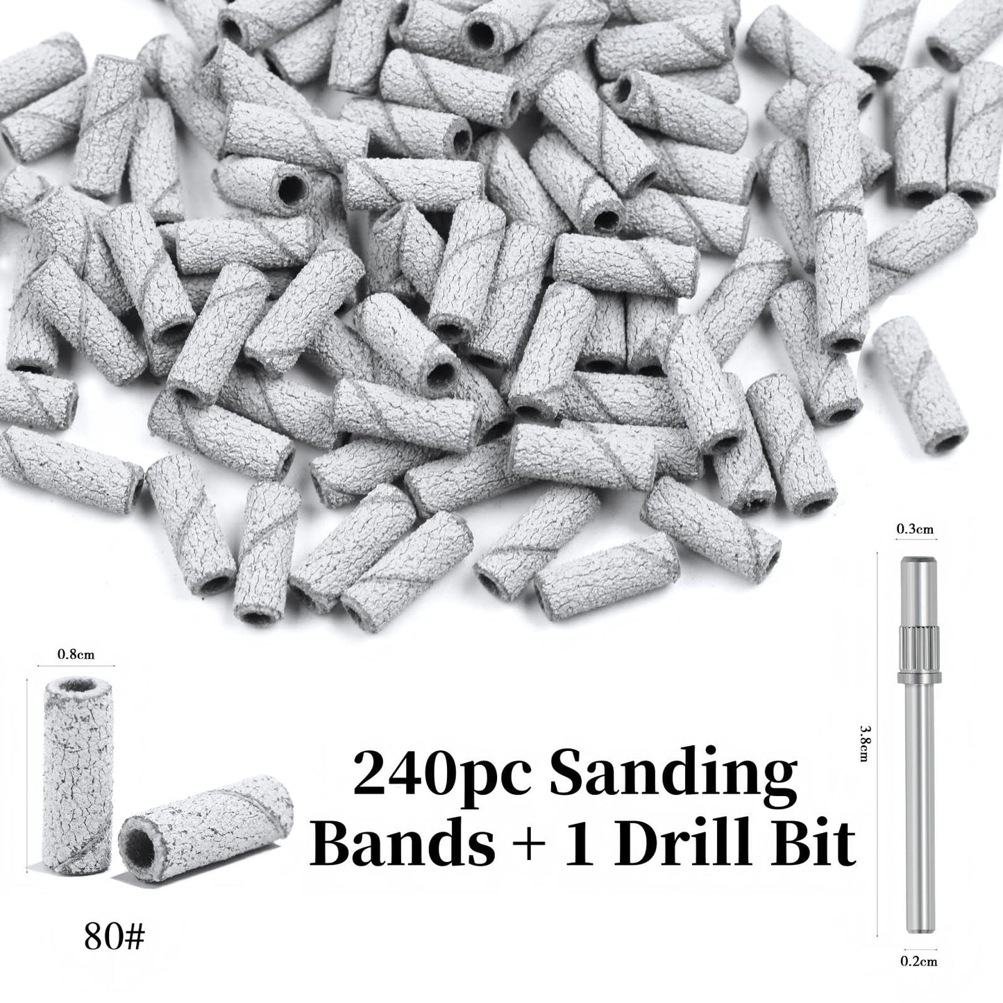 Aruiefxe 240Pcs Nail Drill Bits, 80 Grits Sanding Bands For Nail Drill with 3.1mm Mandrel Bits, Mini Sanding Bands for Acrylic Nails Gel Manicures and Pedicures (White)