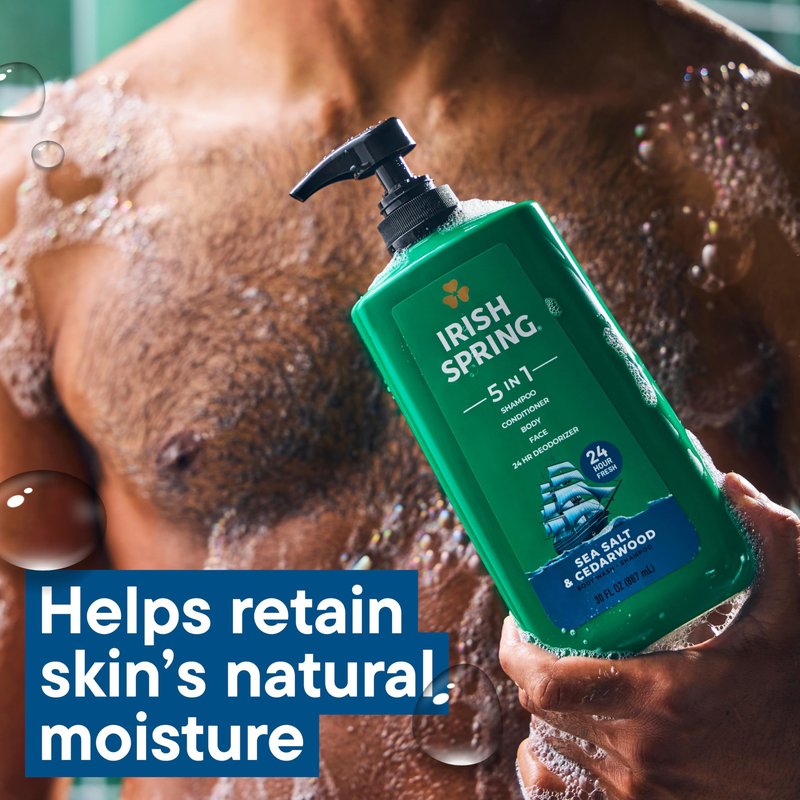 Irish Spring 5 in 1 Moisturizing Body Wash for Men, Shampoo, Conditioner, Body and Face Wash, and 24 Hour Deodorizer, Paraben-Free, Sea Salt & Cedarwood Scent, 30 fl oz