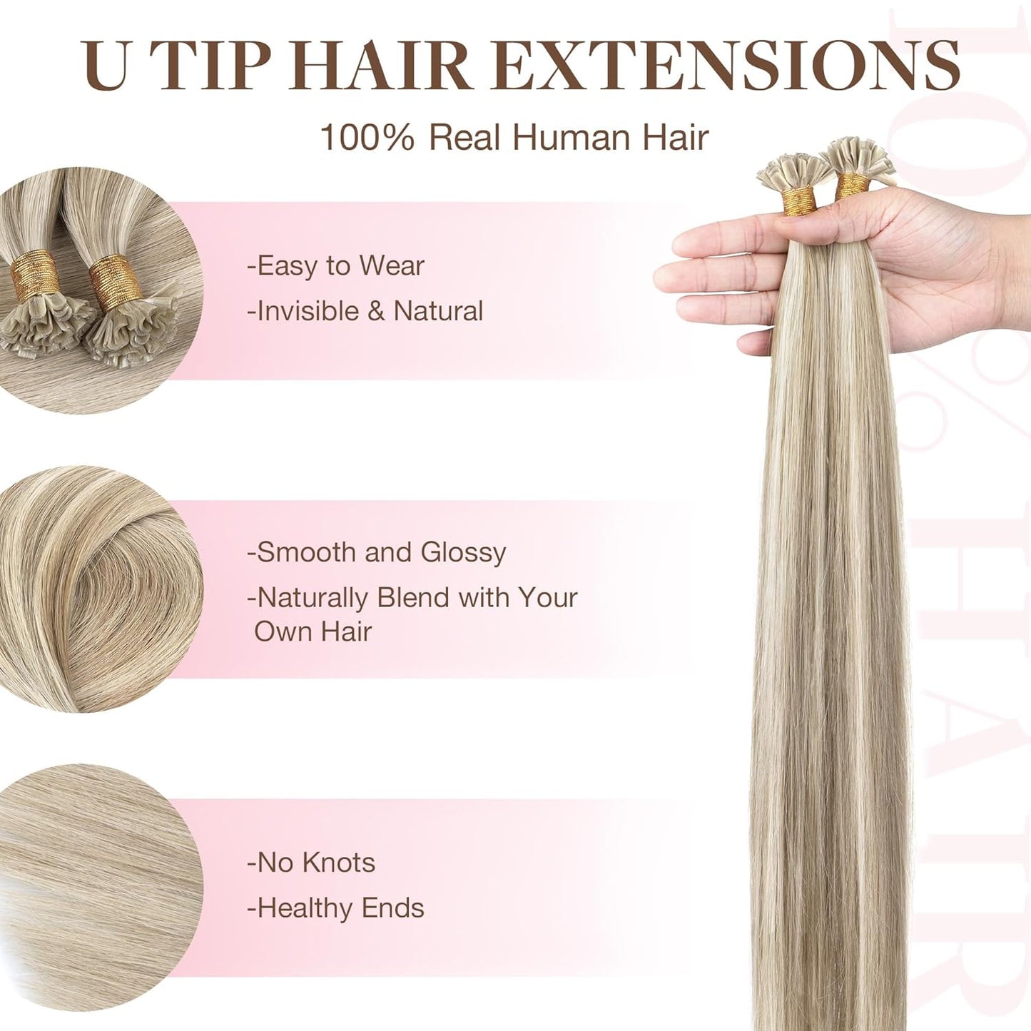 U Tip Hair Extensions - Real Human Hair, 14in 50g, Hot Fusion | Invisible Remy, Dark Blonde Highlighted Bleach Blonde