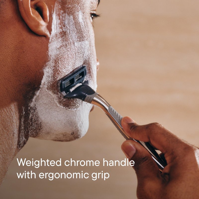 Harry's Original Shaving Kit for Men - Razor Handle, 5 Razor Blade Refills, Foaming Shave Gel, Travel Blade Cover - TSA Approved Travel Essentials - German Engineered - Chrome Edition