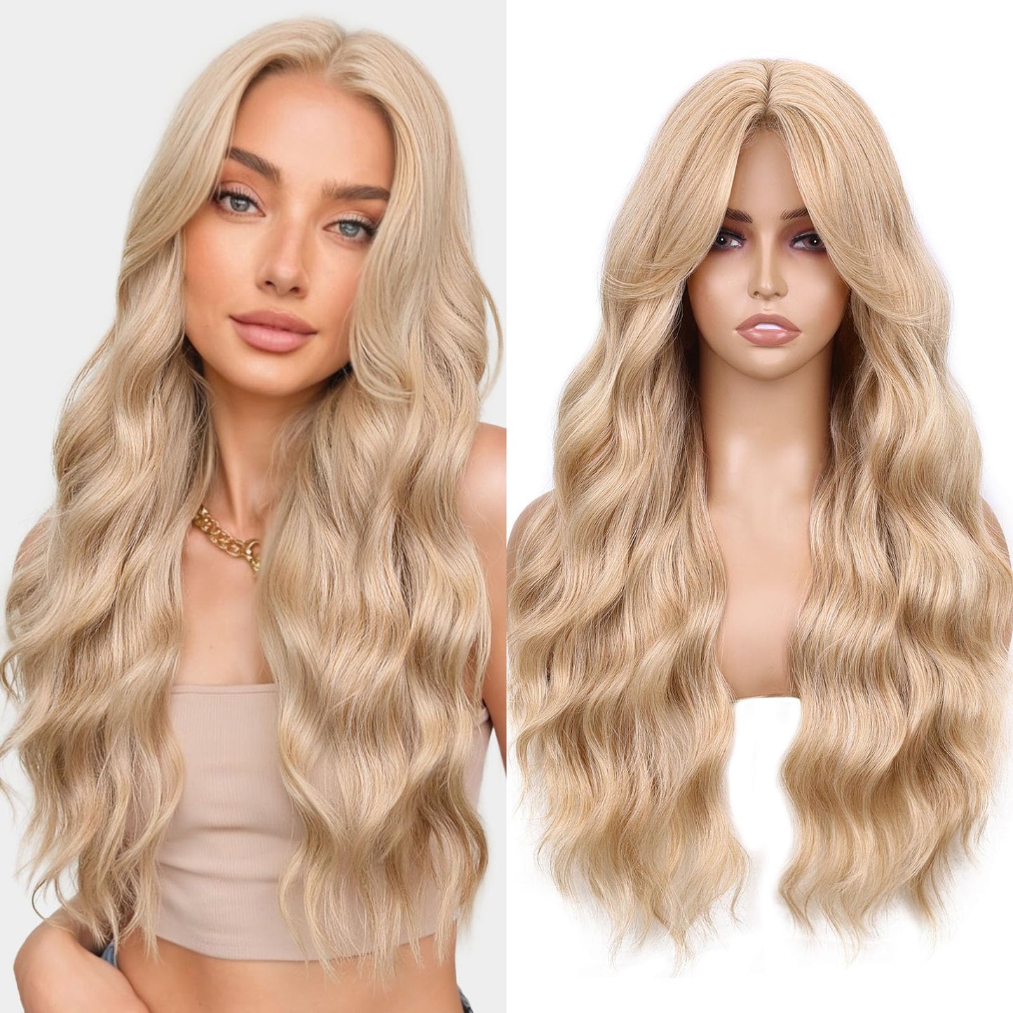 WIGNEE Lightweight Long Wavy Wig with Curtain Bangs for Women – Natural Looking Blonde Synthetic Wig for Daily Wear, Beginner Friendly Heat Resistant Fashion WigGlueless Wear and Go