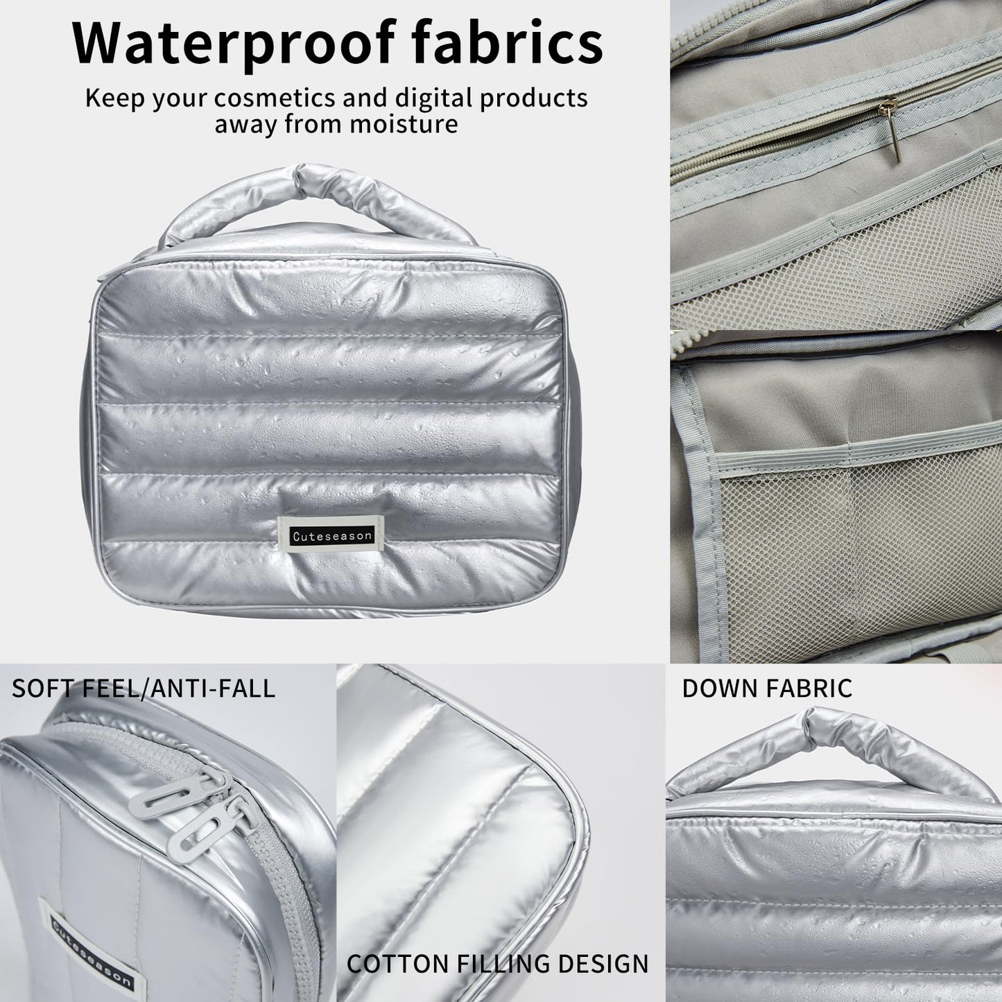 Cuteseason Puffy Quilted Silver Makeup Bag for Women, Large Waterproof Cosmetic Bag with Compartments, Travel Toiletry Organizer Pouch(Purple, L and M)