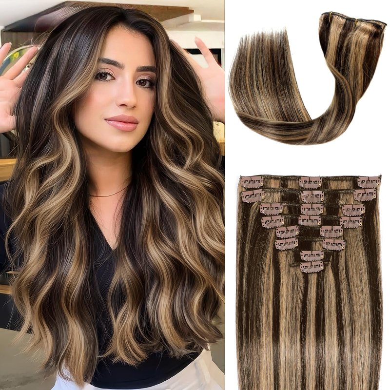 Clip in Hair Extensions Real Human Hair, 14 inch 80g, Balayage Invisible Remy Human hair Clip in Extensions for Women Seamless Straight 8Pcs Double Weft Dark Brown to Chestnut Brown