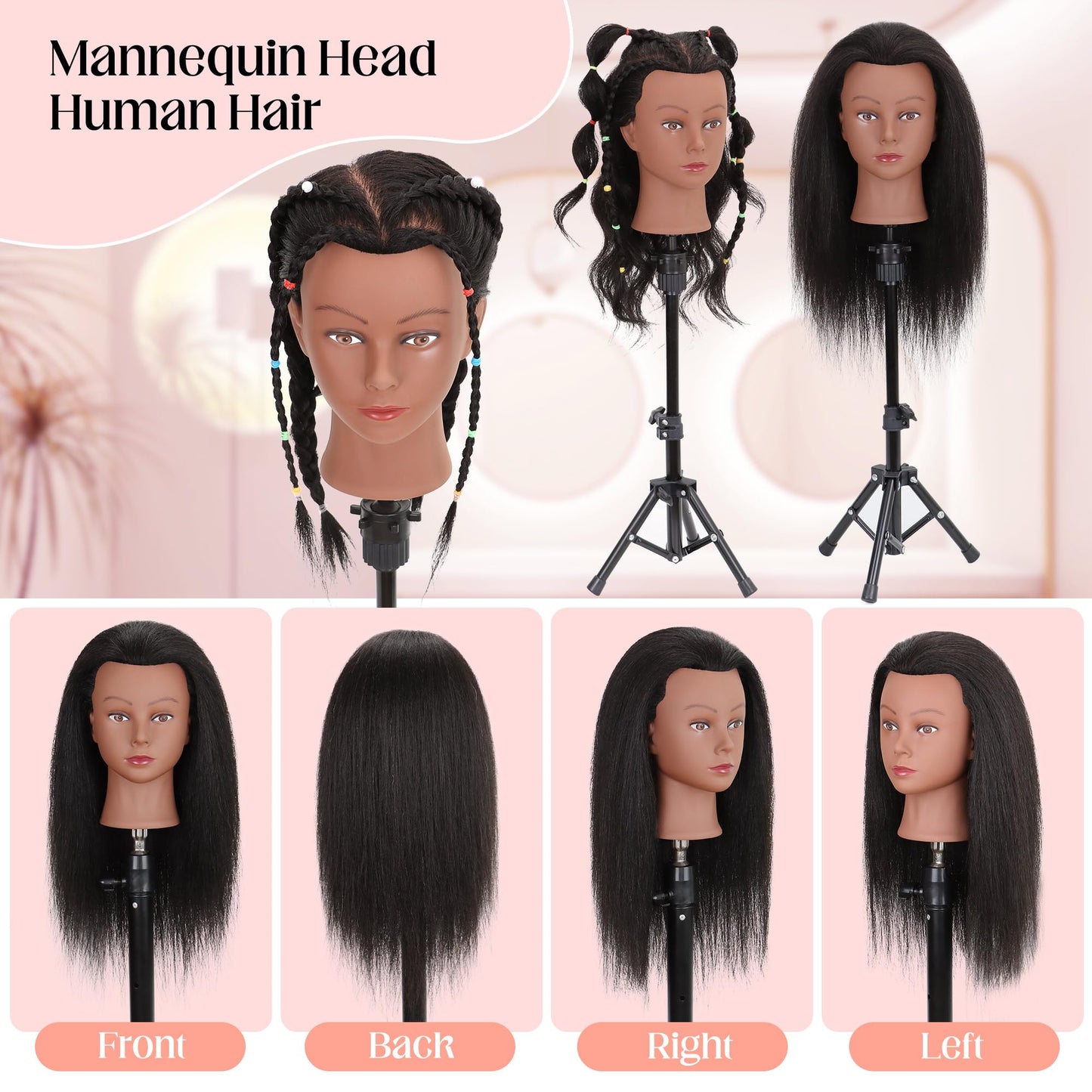 Mannequin Head Human Hair with Ttipod Stand, 100% Real Human Hair for Braiding, Cosmetology Hair Mannequin Head for Hair Styling with Adjustable Stand Tripod