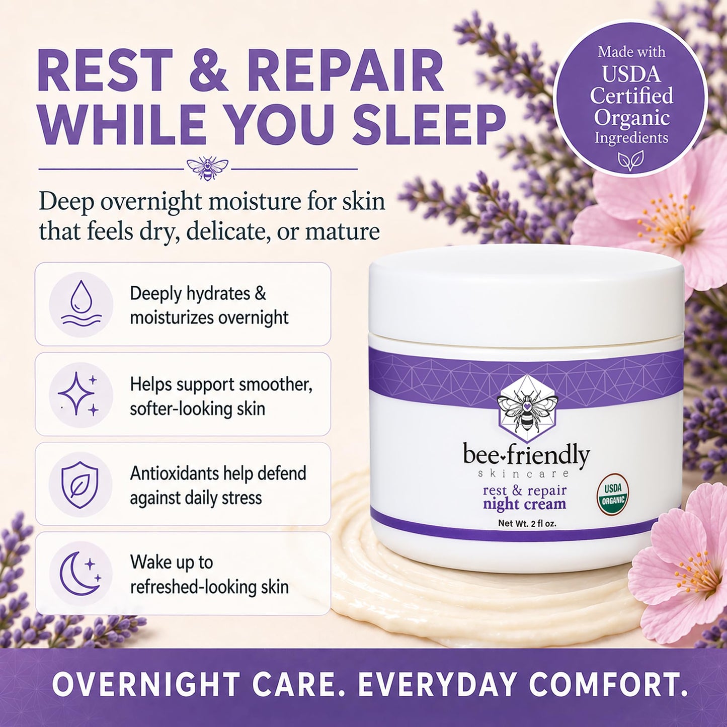 BeeFriendly® Organic Night Cream, USDA Certified, 2 oz