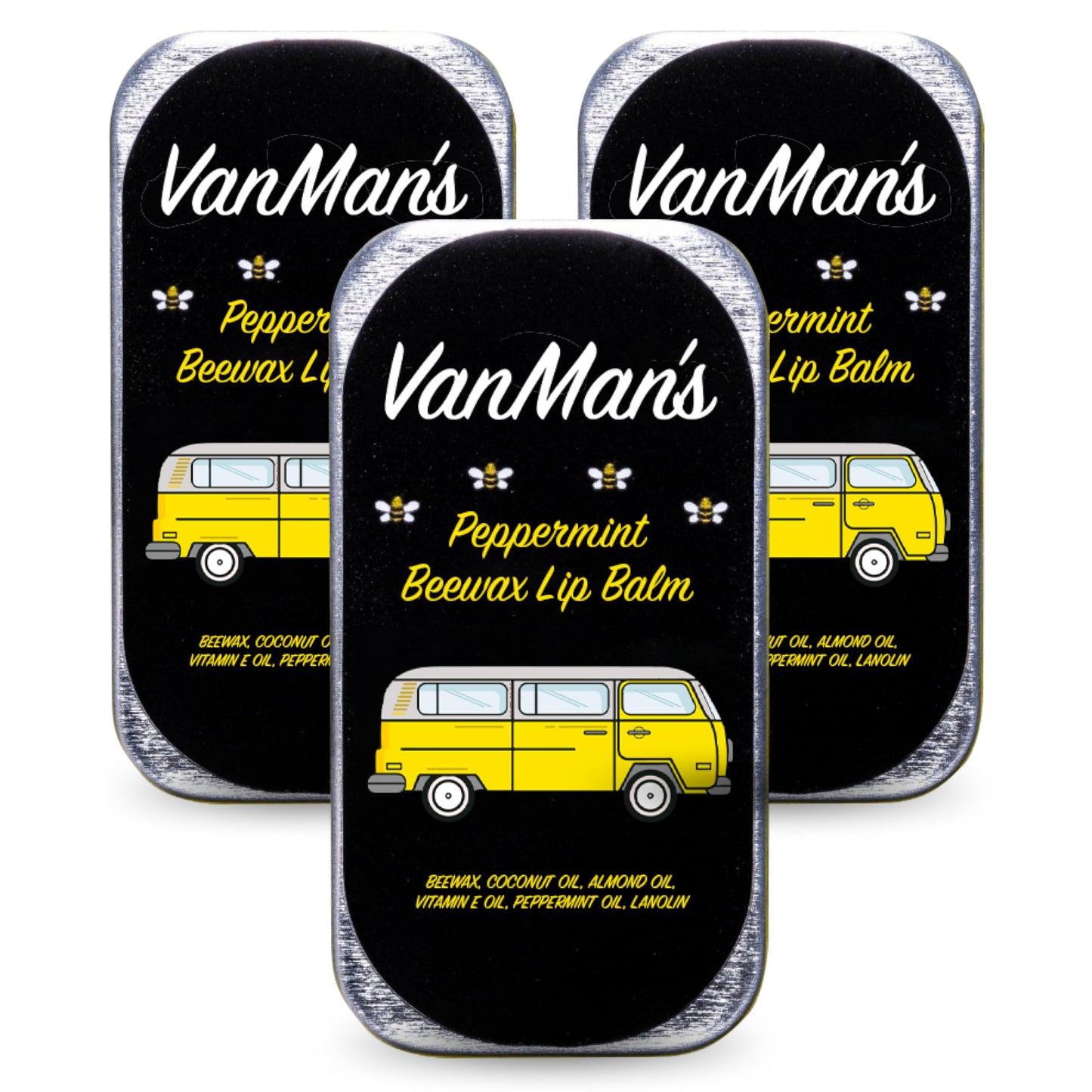 Vanman’s - Handmade Peppermint Beeswax Lip Balm (3 Pack) - Peppermint Balm with Rosemary, Almond and Coconut Oil - Bee Balm with Vitamin E - Ideal for Dry Lips