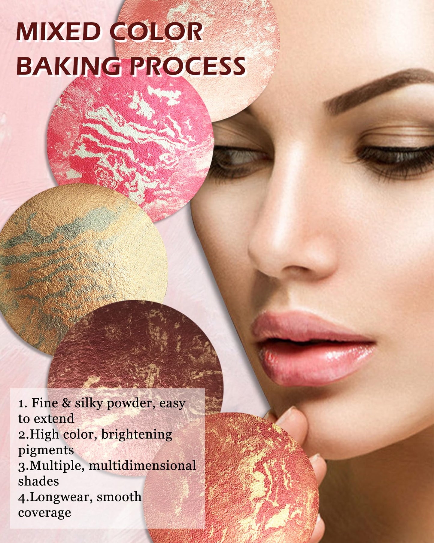 Baked Blush,Peachy Pink Glow Marbleized Blush Powder Palette,Shimmer Powder Blusher Eyeshadow & Highlight for a Lightweight Shimmery Satin Face Makeup, Women's Mother's Day Makeup Gift for Women-01#