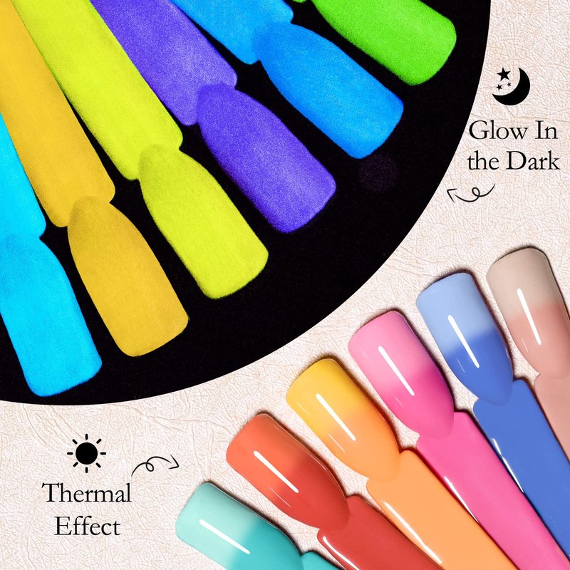 MSRUIOO Luminous Color Changing Gel Nail Polish Set, Glow in the Dark Mood Temperature Color Change Gel Nail Polish Pink Blue Red Orange Soak Off Gel Polish for Nail Art Manicure DIY at Home