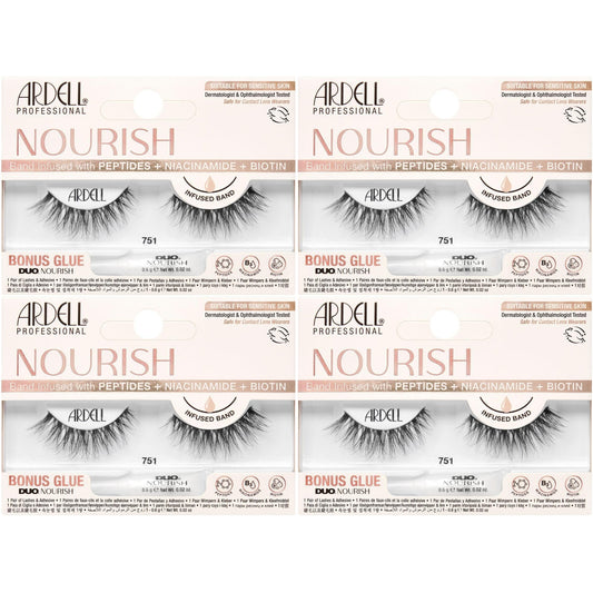 Ardell Nourish Lashes 751 – False Eyelashes with Peptides & Biotin Infused Band, Lash Glue Included, Natural Wispy Strip Lashes for Sensitive Eyes, 4 Pack