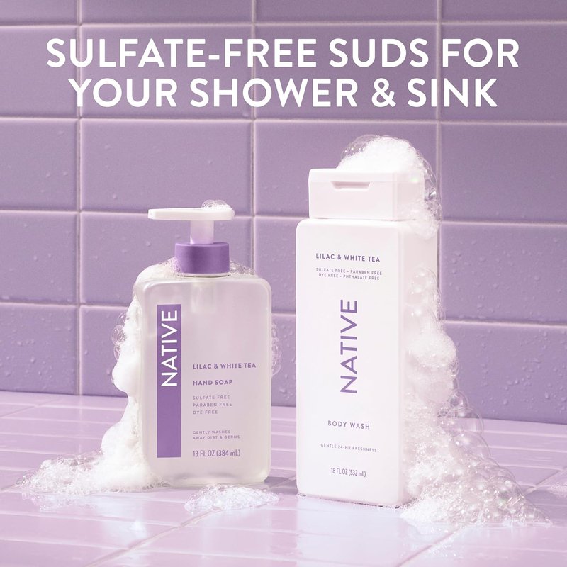 Liquid Hand Soap - Lilac & White Tea Scent | Non-Drying, Plant-Based Formula, 13 oz Bottle