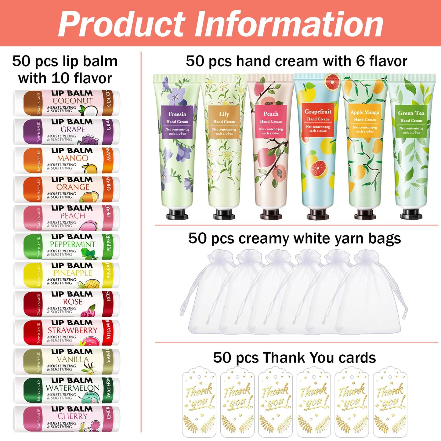 AZEN 50 Sets Bulk Gifts, Hand Cream and Lip Balm Bulk Set with Organza Bag Thank You Card, Baby Shower Wedding Gift for Guests, Bridal Wedding Favors for Guests, Mothers Day Gifts Stocking Stuffers