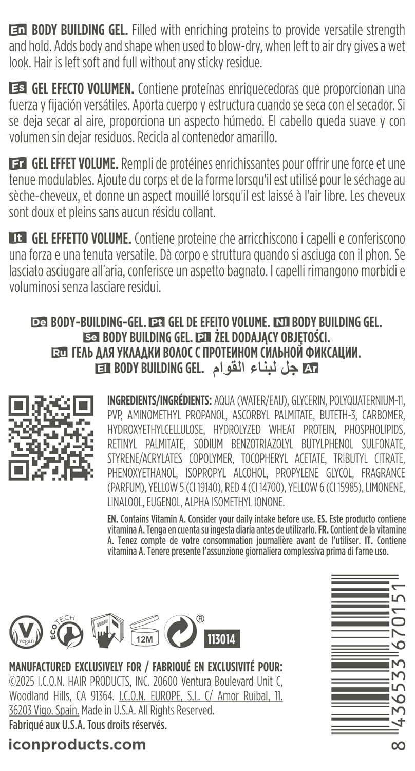 I.C.O.N. Protein Body Building Gel - Sculpting & Volumizing Hair Gel for All Hair Types | 8.5 oz