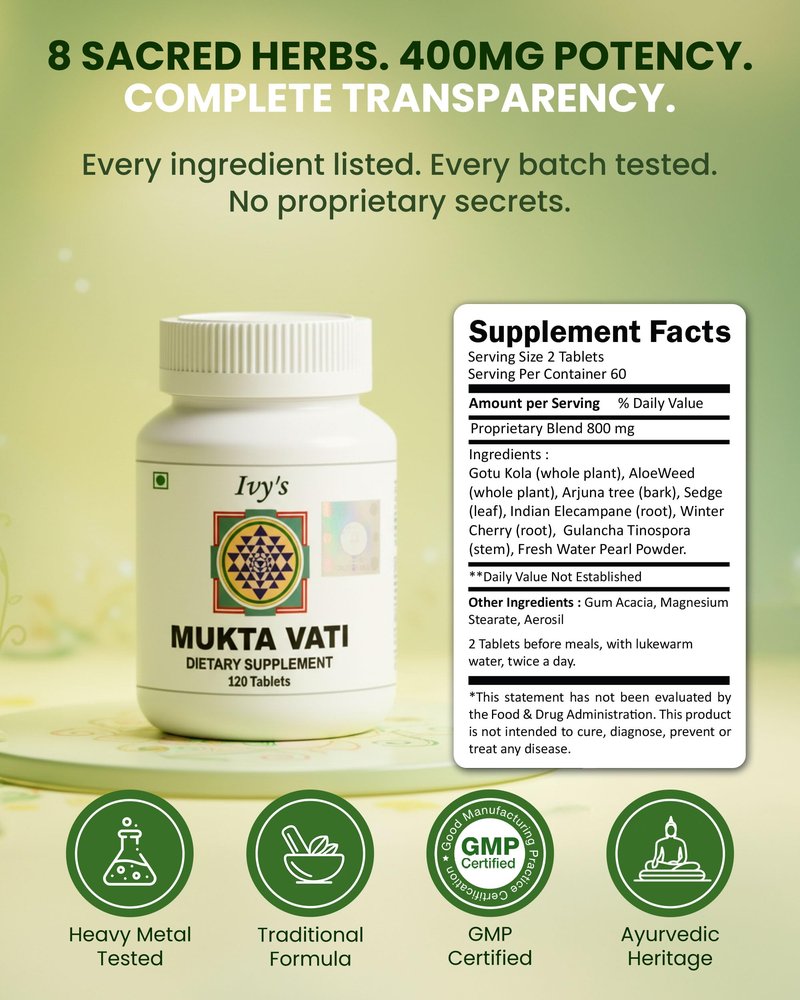 Ivy's Mukta Vati 120 Tablets - Potent Ayurvedic Herbal Supplement for Blood Pressure Support & Heart Health with Gotu Kola, Arjuna Bark & More - Talc Free, Laboratory Tested
