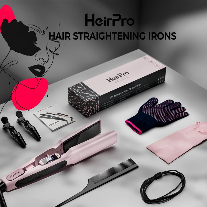 HeirPro Ceramic Flat Iron Hair Straightener with 3D Floating Plate,Hair Iron Straightener with 15 Temps for Thick Hair | Ergonomic Silicone Handle | LCD Display | Dual Voltage (Light Pink)
