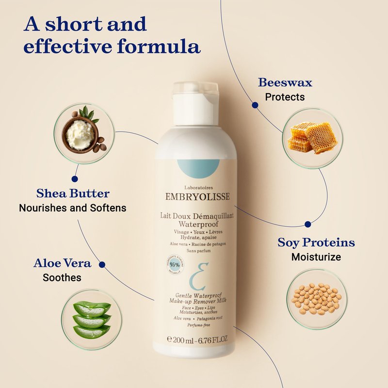 Embryolisse Gentle Waterproof Make-up Remover Milk, 4-in-1 Hydrating Facial Cleanser for Sensitive Skin with Aloe Vera & Shea Butter, 6.76 Fl Oz