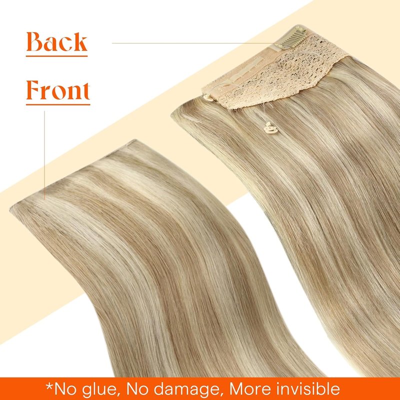 Real Human Hair Extensions - 18 Inch Soft Wire Hairpiece | Golden Blonde Highlights, Adjustable & Easy to Wear