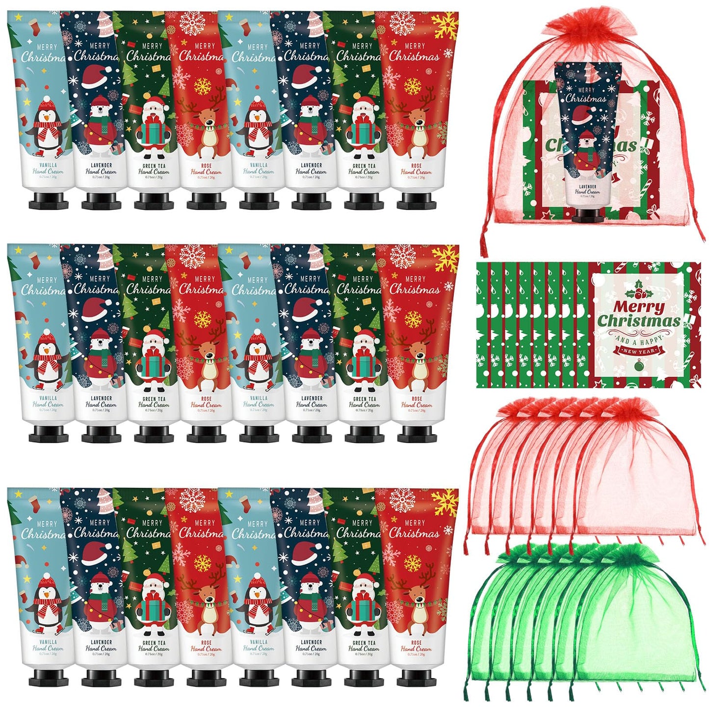 Heigble 24 Set Christmas Hand Lotion Gift Bulk Christmas Hand Cream Travel Size Xmas Stocking Stuffers Holiday Mini Lotion with Organza Bag Greeting Card Party Supplies for Employee Coworkers Gifts