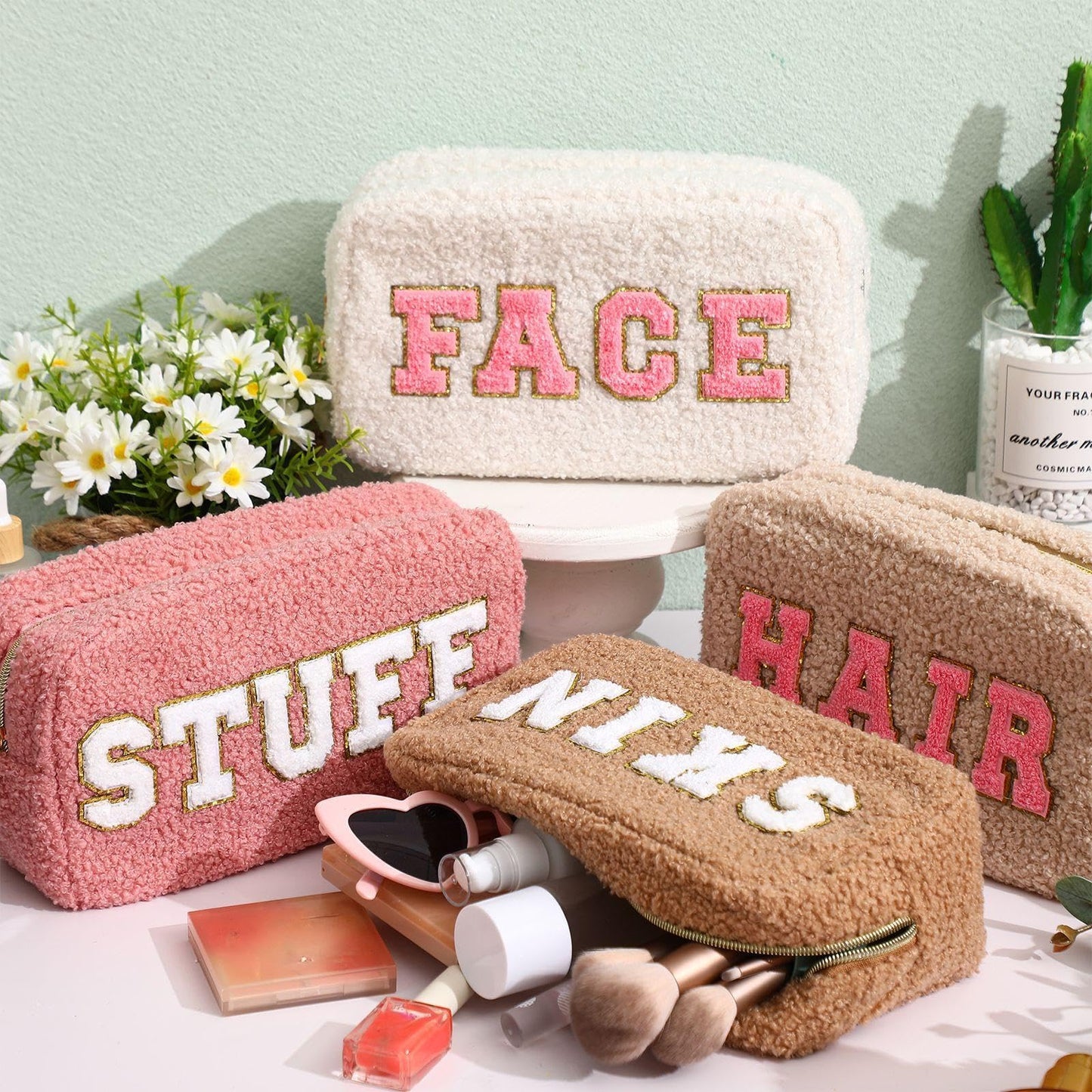 Paterr 4 Pcs Chenille Letter Preppy Patches Makeup Pouch Bag Plush Fuzzy Makeup Pouch Hair Skin Face Stuff Bag Cute Cosmetic Purse Zipper Travel Toiletry for Wedding Birthday Gifts(Pink Brown Colors)