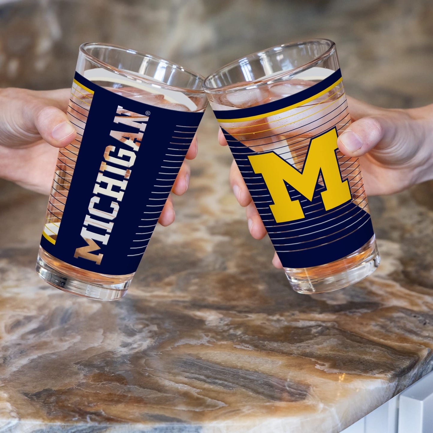 Rico Industries NCAA Michigan Wolverines 16 oz Pint Glasses with Digitally Printed Logo, Practical Set of 2 Classic Drinking Glasses, for Fans, Dishwasher Safe